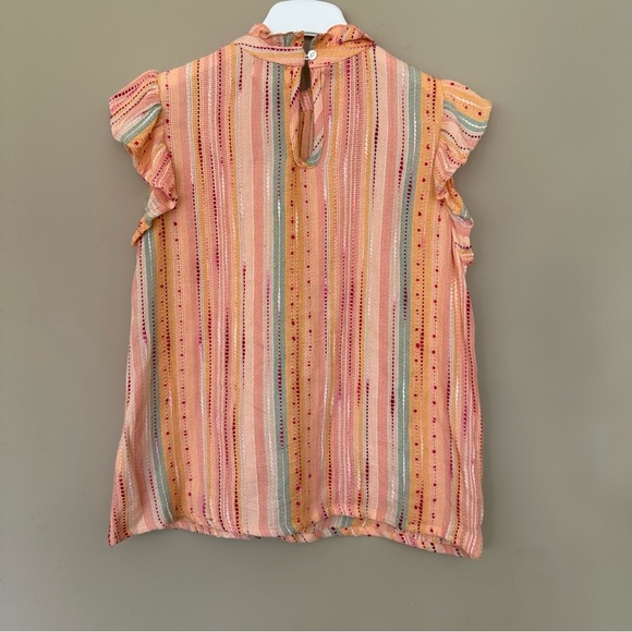 THML Women Medium Freeport Woven Striped Flutter Sleeve Embroidered Top Peach - Picture 8 of 12